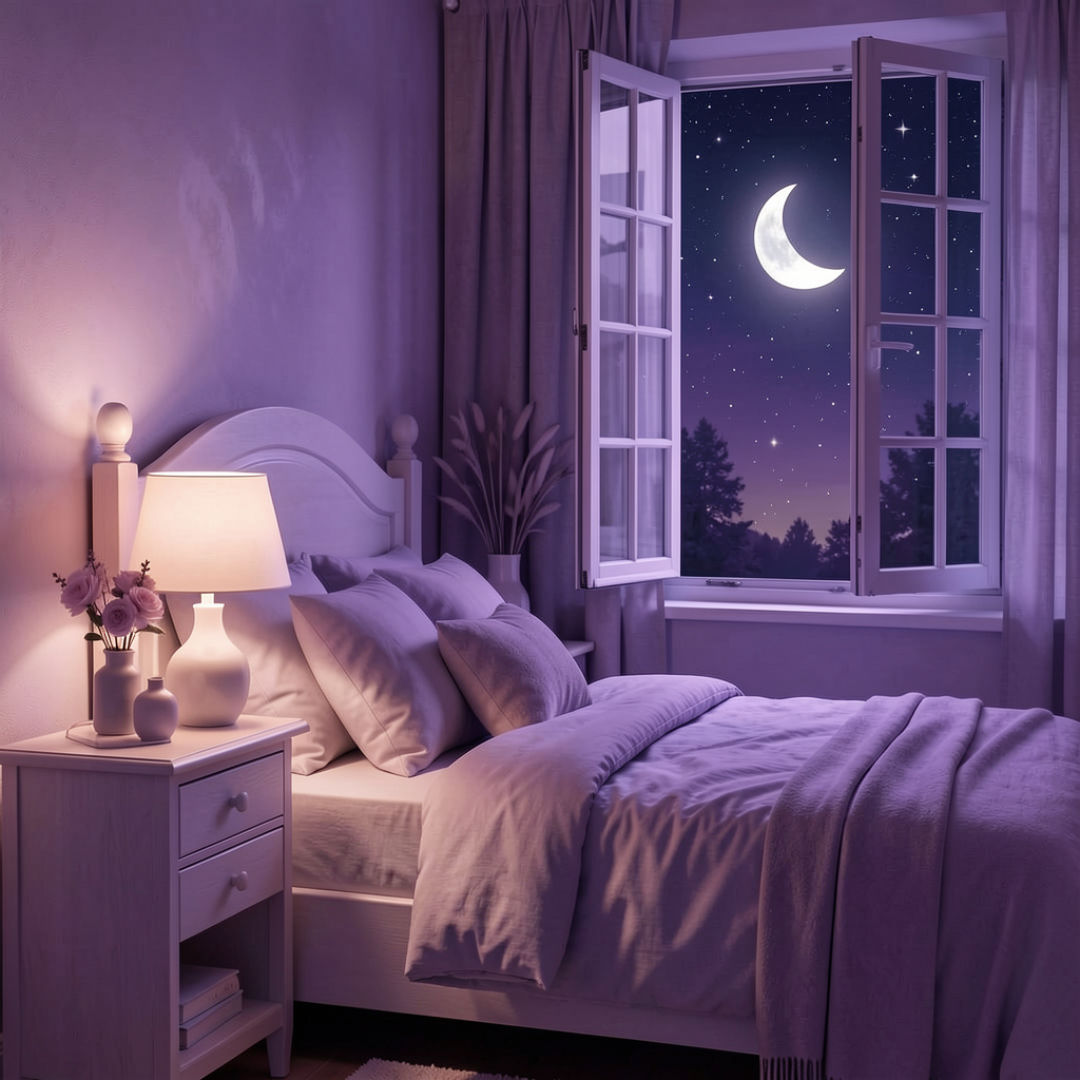 Bedroom with open window showing night sky with moon and stars